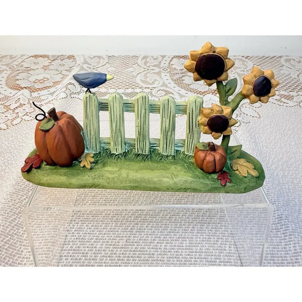 Blossom Bucket Suzi Resin Fall Pumpkin Fence Flower Bird Figurine 116-84563 Rare